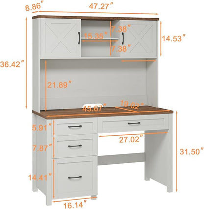 Farmhouse 67" H Executive Desk with Hutch,Office Table with 4 Drawers and LED Light, Computer Desk with Storage Cabinet & File Drawers and Charging Station, Wood Workstation for Home Office and Study