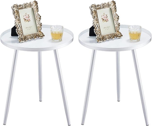 Apicizon 16" Round Side Table Set of 2, Silver Metal End Table for Living Room, Bedside, Mid Century Modern Coffee Table or Circle Accent Table for Small Spaces, Silver and White