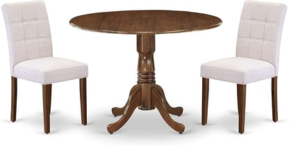 East West Furniture DLAS3-AWA-08 3 Piece Dinner Table Set Includes A Mid Century Modern Table and 2 Mist Beige Polyester Fabric Dinning Chairs, Antique Walnut