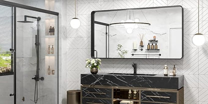TokeShimi 48 x 24 Inch Wall Mirror Black Bathroom Vanity Mirror with Metal Frame Aluminum Alloy Rounded Corner for Modern Farmhouse Wall Decor 1”Deep Set Design (Horizontal/Vertical)