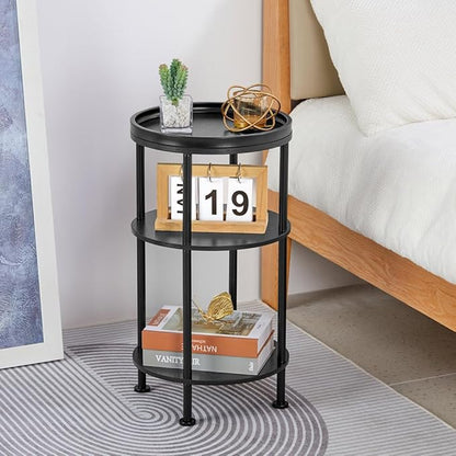 Small Round Side Table for Small Spaces, 3-Tier Round Accent Table Slim Side Table, Modern Sofa Corner Table for Living Room Nightstand Bedroom (Black)