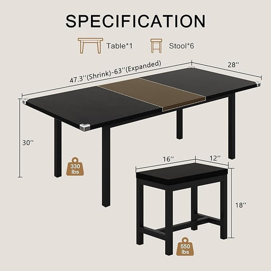 7-Piece Dining Table Set, 63" Extendable Kitchen Room Table with 6 Stools, Mid Century Modern Dinner Table with Metal Frame & MDF Board, Space-Saving, Easy Assembly, Black