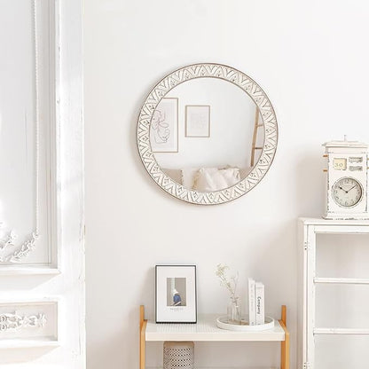 20" Round Rustic Mirror Wooden Frame Circle Mirrors, Distressed Wall Mounted Mirror for Bathroom, Bedroom, Living Room, Entryway, Fireplace, Hall