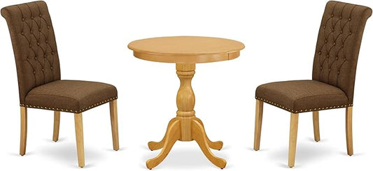 East West Furniture ESBR3-OAK-18 3 Piece Kitchen Table & Chairs Set Contains a Round Dining Room Table with Pedestal and 2 Brown Linen Linen Fabric Parsons Chairs, 30x30 Inch, Oak