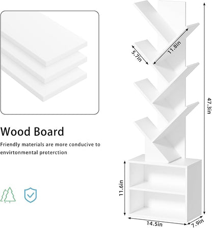 10 Tier Tree Bookshelf,Floor Standing Wood Tall Bookcase for Narrow Space, Storage Organizer Bookshelves for Books, Book Case for CDs/Movies/Books,Home Office,Living Room, Bedroom