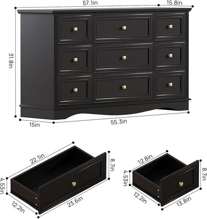 9-Drawer Dresser, 57" Wooden Chest of Drawers with Rustic Top, Modern Farmhouse Furniture Organizer, Bedroom Storage Cabinet for Clothes, Accessories, Living Room, or Entryway, Black