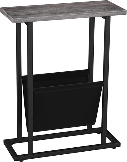 Yusong Narrow Side Table for Small Spaces, Small End Table with Magazine Holder, Skinny Slim Little Thin Table for Living Room, Bedroom, Sofa, Grey Oak