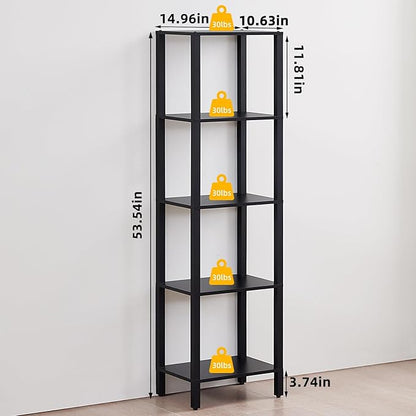 54in Tall Bookshelf 5-Tier Small Narrow Bookcase, Skinny Book Shelf for Small Space, Farmhouse Slim Shelf with Storage, Wood Freestanding Display Thin Bookshelves for Living Room, Office, Black