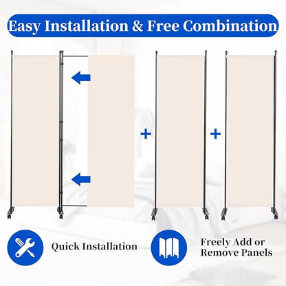 Room Divider 6FT Room Partition with Lockable Wheels, (Thicked Metal Base) Room Dividers, Freestanding Indoor Folding Privacy Screens, Portable Fabric Wall Divider for Separation, Beige