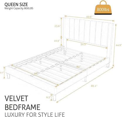SHA CERLIN Queen Bed Frame/Velvet Upholstered Platform Bed Frame with Headboard/Strong Wood Slats Support/Mattress Foundation/No Box Spring Needed - Green