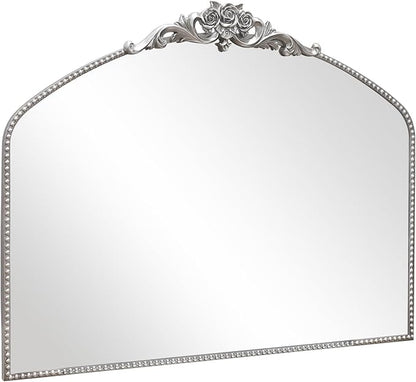 AIXI HOME Silver Arched Mirror, 40" x 30" Traditional Vintage Antique Mantel Mirror with Ornate Metal Frame, Baroque Wall Mounted Mirror for Entryway/Fireplace/Hallway/Bathroom/Living Room/Bedroom