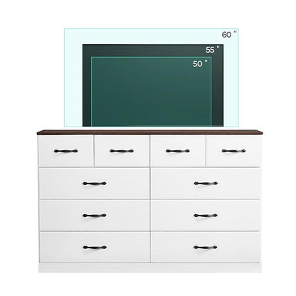 LINSY HOME 10 Drawer Dresser for Bedroom, 54" Wide Chest of Drawers, Modern TV Stand Dressers with Wood Frame and Metal Handles, Large Drawer Organizer for Bedroom, Living Room, White