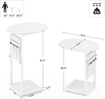 Vagusicc C Shaped End Table, Adjustable Height Small Side Table for Couch and Recliner, 32" Tall Couch Side Table Slide Under Sofa Tray Desk with Storage Bag for Living Room and Bedroom, White