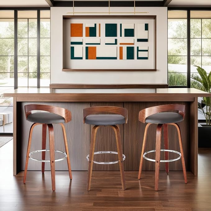 Armen Living Sonia 30" Bar Height Swivel Gray Faux Leather and Walnut Wood Bar Stool - Set of 4