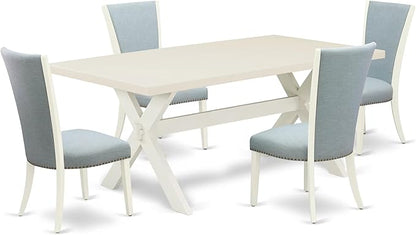 East West Furniture X027VE215-5 5 Piece Kitchen Table & Chairs Set Includes a Rectangle Dining Room Table with X-Legs and 4 Baby Blue Linen Fabric Parsons Chairs, 40x72 Inch, Multi-Color