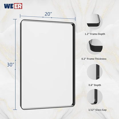 WEER Black Bathroom Mirror for Wall 20X30 Inch, Rectangular Black Metal Framed Vanity Mirror, Farmhouse Bathroom Mirror with Tempered Glass, Rounded Corner, Anti-Rust (Horizontal/Vertical)