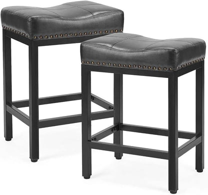 Counter Stools Set of 2 Upholstered Counter Height Bar Stools with Padded Seats and Metal Base, Leather Saddle Stool for Modern Kitchen Island, 22.4-Inch, Black