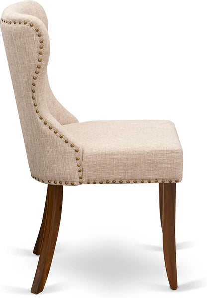 East West Furniture AMSI3-AWA-04 3 Piece Dining Set for Small Spaces Contains a Round Kitchen Table with Pedestal and 2 Light Tan Linen Fabric Parson Chairs, 36x36 Inch, Walnut