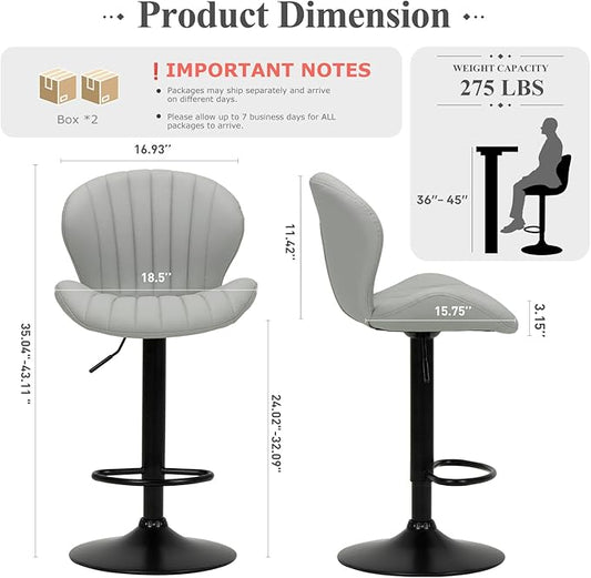 COLAMY Bar Stools Set of 4, Modern Swivel Bar Chairs, Adjustable Faux Leather Upholstered Barstools Counter Height with High Backrest for Bar, Kitchen Island, Dining Room, Grey