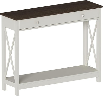 Treocho Farmhouse Console Table with Drawer and Storage Shelves, Foyer Sofa Table Narrow for Entryway, Living Room, Hallway, Antique White & Brown