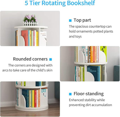 Nisorpa 5 Tier Rotating Bookshelf, 360° Revolving Bookcase Rotating Stackable Shelves Floor-Standing Storage Display Rack Used in Bedrooms Living Rooms Study Office (63"x18"x18")