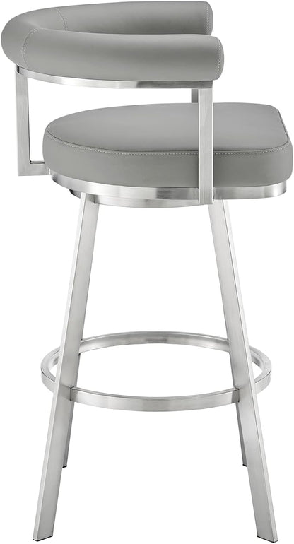 Armen Living Magnolia Swivel Bar Stool in Brushed Stainless Steel with Light Grey Faux Leather