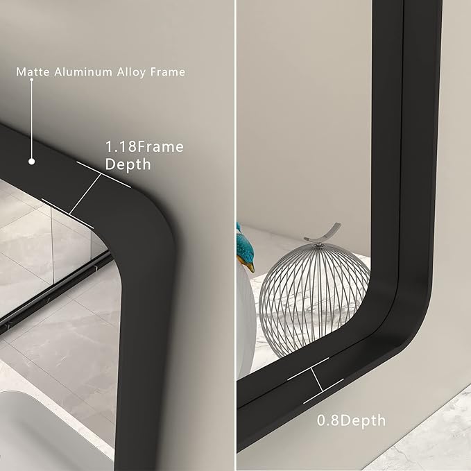 48x36 Matte Black Bathroom Mirror, Modern Rectangle Metal Framed Mirrors for Wall, Rounded Corners, Shatter-Proof (Horizontal/Vertical)