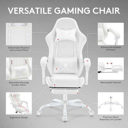 White Gaming Chair,Computer Office Chair with Footrest,Massage Lumbar Support and Gel Pad,Ergonomic Reclining Adjustable Leather Gamer Chair with Headrest and Spring Cushion White