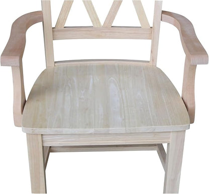 Solid Wood Double X-Back Dining Chair with Arms in Unfinished Parawood, Classic Kitchen/Dining Furniture, Stainable & Paintable, 23.6" W x 22" D x 41.3" H, Wide Arm Width, Traditional & Durable
