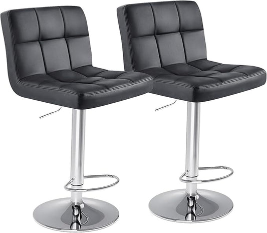 DUMOS Bar Stools Set of 2, Armless Adjustable Swivel Barstools, PU Leather Hydraulic Kitchen Counter Height Bar Stools, Thickened Seat Cushion Square Island Barstools with Back, Dark Black