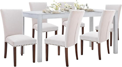 COLAMY 7-Piece Dining Table Set for 6, 60" Kitchen Wood Table with 6 Nailhead Dining Room Chairs, White/Beige