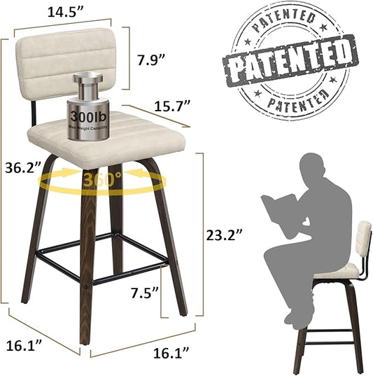 Swivel Bar Stools Set of 2, Counter Height, Wooden Frame, PU Leather Cushions, Beige