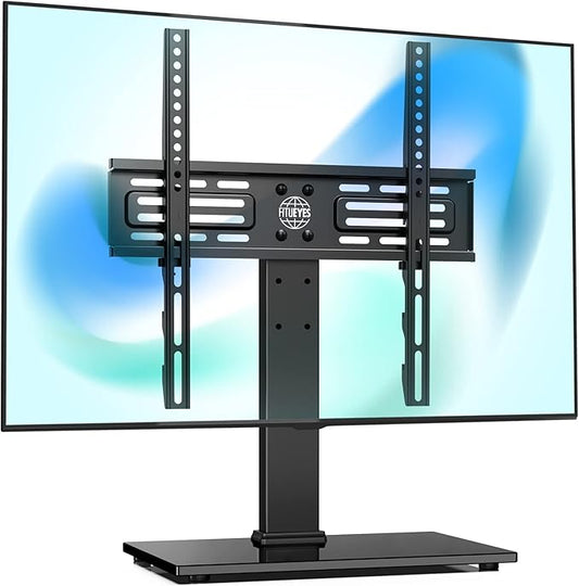 FITUEYES Universal TV Stand, Swivel TV Table Stands for 27-55 Inch Flat Screen, Tabletop TV Stand with Mount for Bedroom/Living Room, Height Adjustable, Holds up to 88 lbs, Glass Base, Black