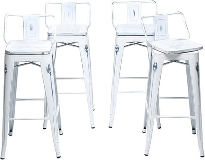 26 Inch Swivel Bar Stools Set of 4 with Backs Counter Height Industrial Metal Barstools Island Bar Chairs for Home Kitchen Dining Room (Swivel 26 inch, Distressed White Wooden)