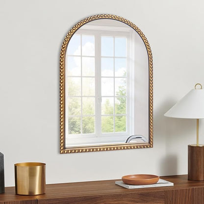 Traditional Arch Mirror for Bathroom, 20" x30" Baroque Antique Gold Marlowe Mirrors Beaded Frame, Decorative Accent Vertical Vanity, Wall Decor Over Mantel Fireplace, Sofa, Entryway