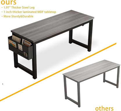 Large Computer Desk - 63 Inch Home Office Desks Study Student Writing Table Gaming Desk Wood Modern Simple Table with Storage Bag & Headphone Hooks, Grey