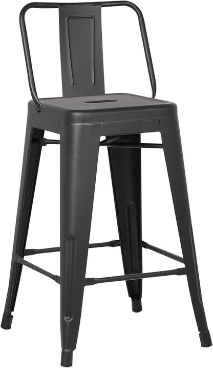 AC Pacific 24” Metal Barstool Set of 4 – Country Rustic Style with Low Back, Lightweight & Sturdy Build, Easy Assembly – Matte Black