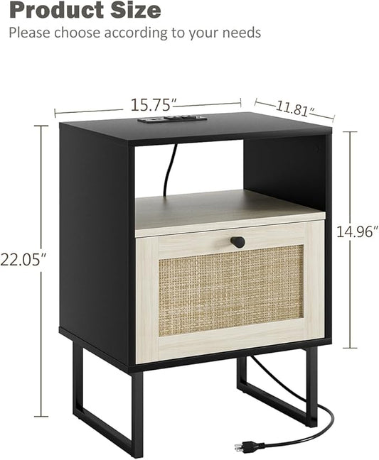 Rattan Nightstand with Charging Station, Boho Night Stand Farmhouse Wood Bedside Table with Storage and Open Shelf, End Side Accent Table for Bedroom,Living Room,Black and Oak