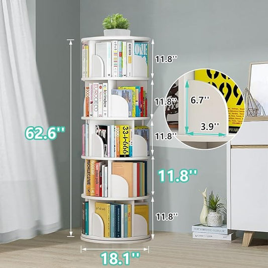 jxgzyy 5 Tier Rotating Bookshelf 62.6x18.1x18.1 Inch Corner Book Shelf 360° Display Spinning Bookcase Space-Saving for Bedroom, Living Room, Study, White