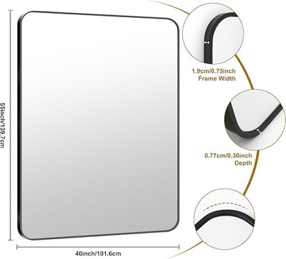 KOCUUY Black Bathroom Mirror 55"x40", Large Vanity Mirror with Rounded Corner, Metal Black Frame with Mordern Design for Bathroom, Living Room, Entryway, Hang Horizontal/Vertical