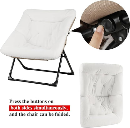 Comfy Saucer Chair for Adults, Soft Faux Fur Bedroom Chair with Ottoman, Accent Dorm Chairs, Living Room Reading Chairs and Footstool, Folding Lounge Seat for Teens, X-Large, White