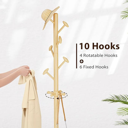 Solid Wood Coat Rack Freestanding Coat Tree with 10 Hooks for Bedroom, Livingroom, Entryway, Sturdy Coat Hanger Stand for Hats, Coats, Scarves, Handbags, Purses