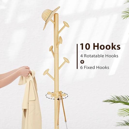 Solid Wood Coat Rack Freestanding Coat Tree with 10 Hooks for Bedroom, Livingroom, Entryway, Sturdy Coat Hanger Stand for Hats, Coats, Scarves, Handbags, Purses