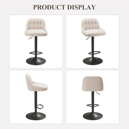 Bar Stools Set of 2, Swivel Bar Chairs, Modern Adjustable PU Leather Upholstered Barstools Counter Height with Tufted Back for Bar, Kitchen Counter Island, Dining Room, Beige
