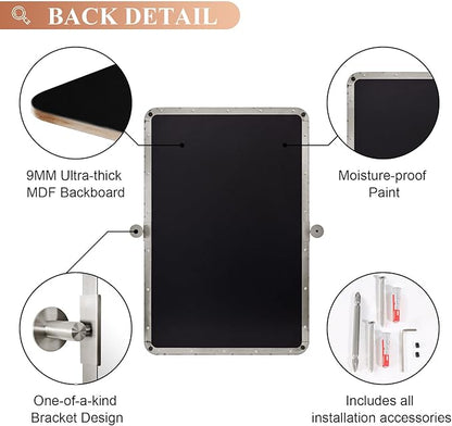 MOON MIRROR 22" x 30" Brushed Nickel Metal Framed Pivot Rectangle Bathroom Mirror, Silver Tilting Rounded Rectangular Vanity Mirror for Wall Hangs Vertical Only