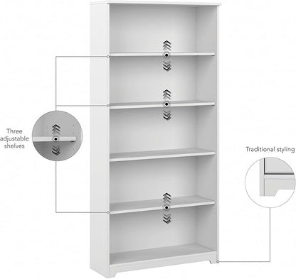 Bush Furniture Tall 5 Shelf Bookcase, Large Open Bookshelf, Sturdy Display Cabinet for Living Room or Home Office, Cabot Collection, White