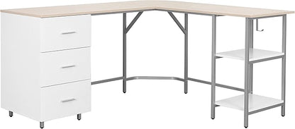 Techni Mobili L Shaped Desk - Two-Toned Computer Desk with Drawers & Storage Shelves - Simple Modern Furniture & Home Office Space Corner Table for Work & Writing