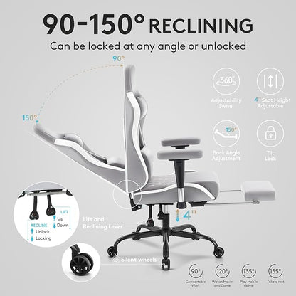 Gaming Chair,Computer Office Chair with Footrest,Massage Lumbar Support and Gel Pad,Ergonomic Reclining Leather Gamer Chair with Headrest,Adjustable Armrests and Spring Cushion Grey White