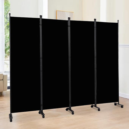 Room Divider 6FT Room Partition with Lockable Wheels,4 Panel (Thicked Metal Base) Room Dividers, Freestanding Indoor Folding Privacy Screens, Portable Fabric Wall Divider for Room Separation, Black