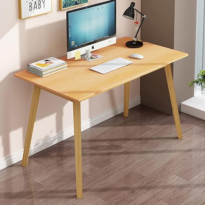 IOTXY Simple Wooden Writing Desk - Modern Minimalist Style PC Laptop Computer Workbench with Solid Wood Legs, 47" W Home Office Work Table for TV Stand Music Video Live Broadcast Workstation, Oak
